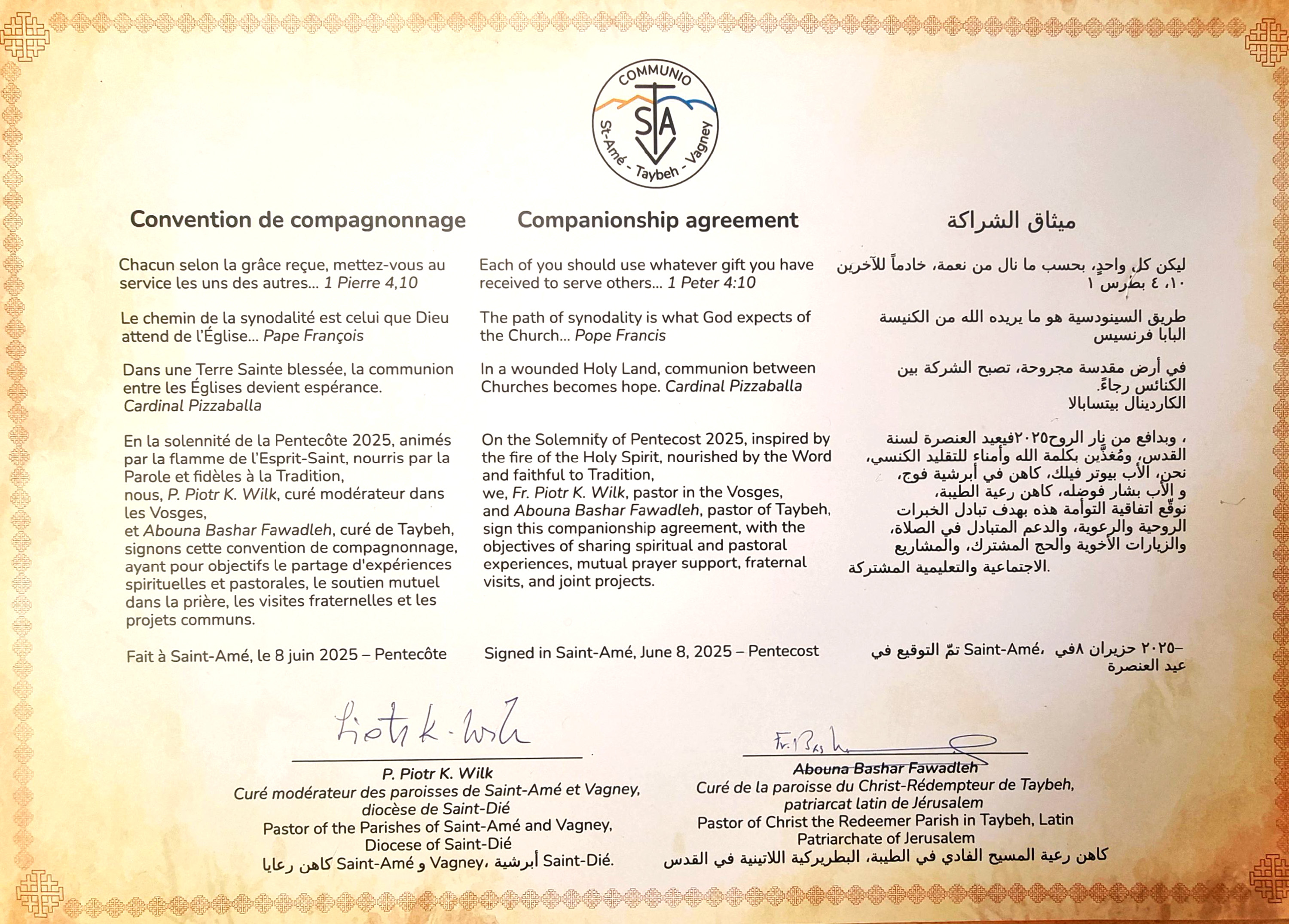 Le Père Fawadleh signe des accords de jumelage entre Taybeh et des paroisses françaises